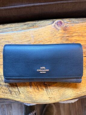 Coach Navy Blue Leather Continental Wallet with Gold Logo